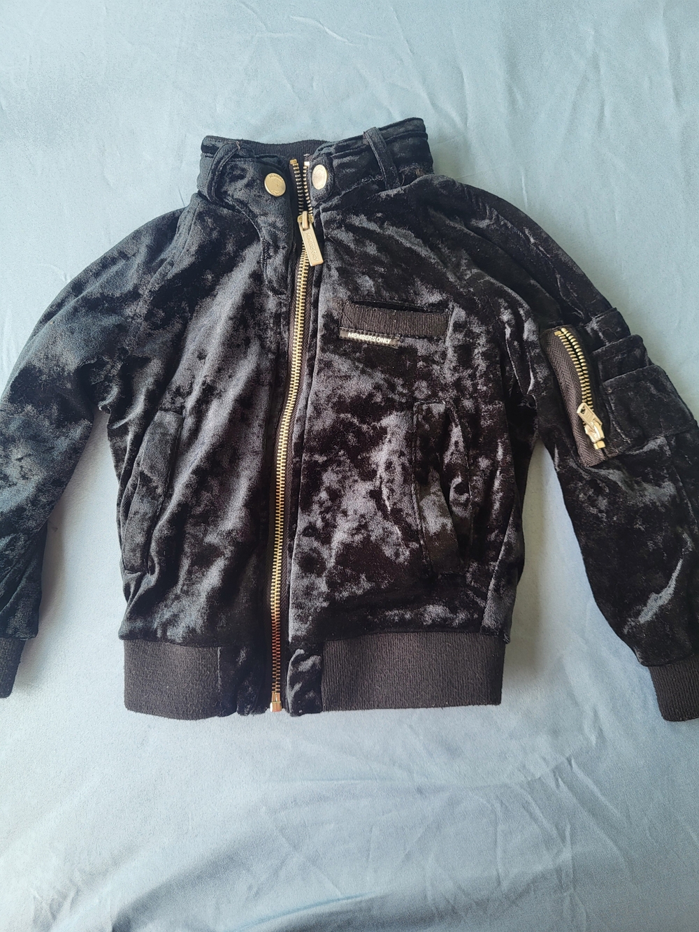 Members Only Black Velvet Kids Bomber Jacket with Gold Zippers